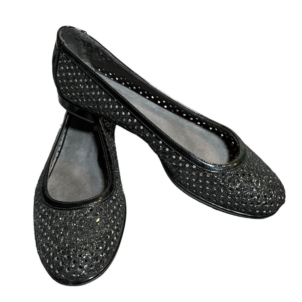 Stuart Weitzman Black Patent Leather Sparkle Filigree Cut Out Flats